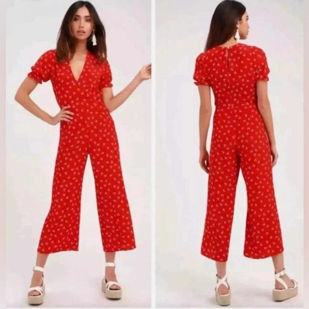 Faithfull The Brand Womens 4 S Red White Mallory Floral Short Sleeve Jumpsuit